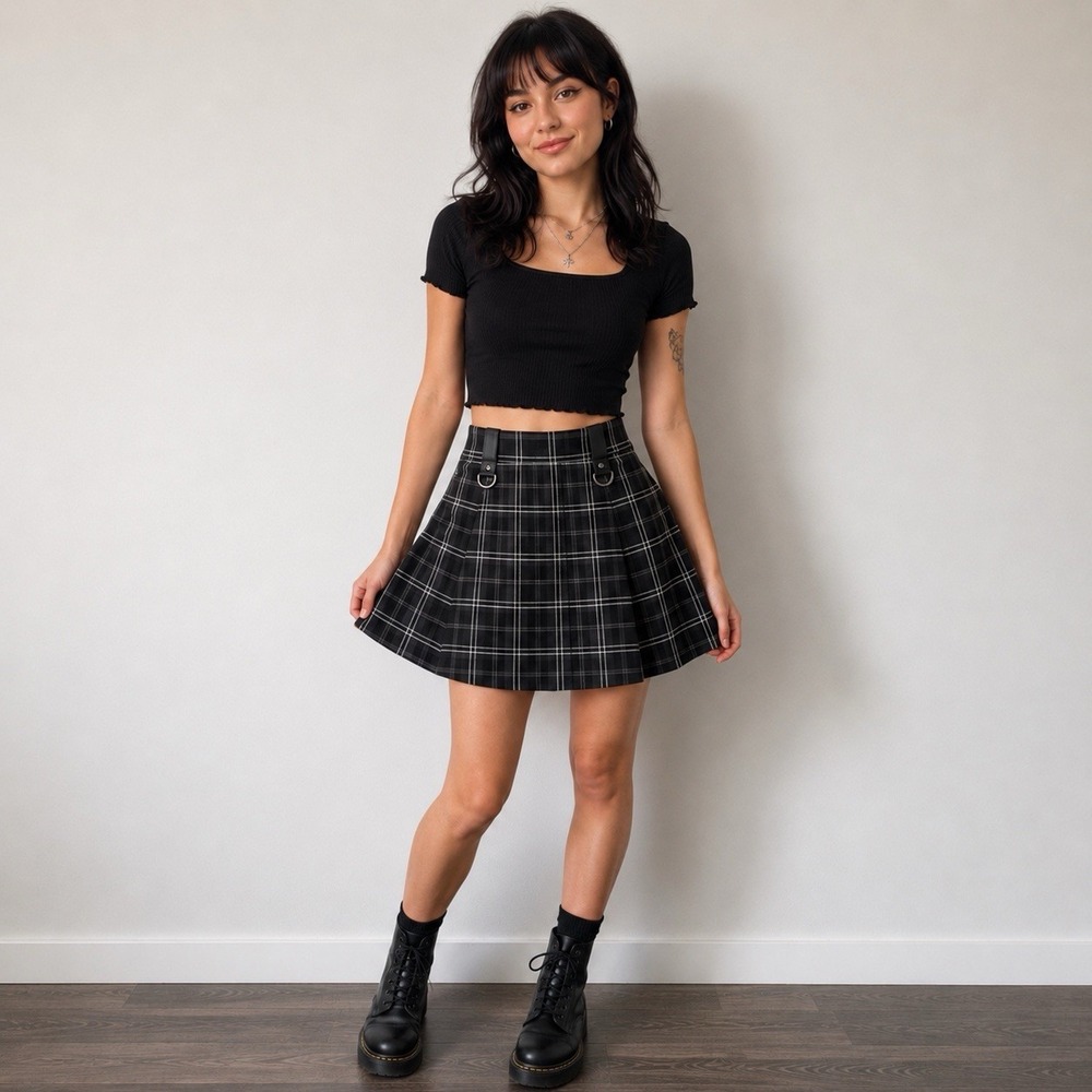 Killstar Plaid Pleated Mini Skirt Women's Small Black Gray Goth Punk D-Ring